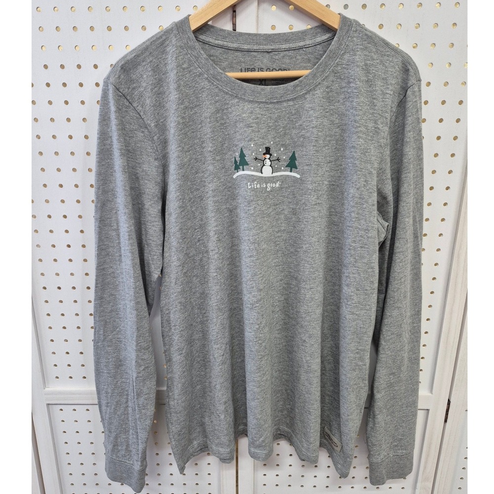 Life is Good Gray Snowman Crusher Long Sleeve Tee Cotton Women's Size XL